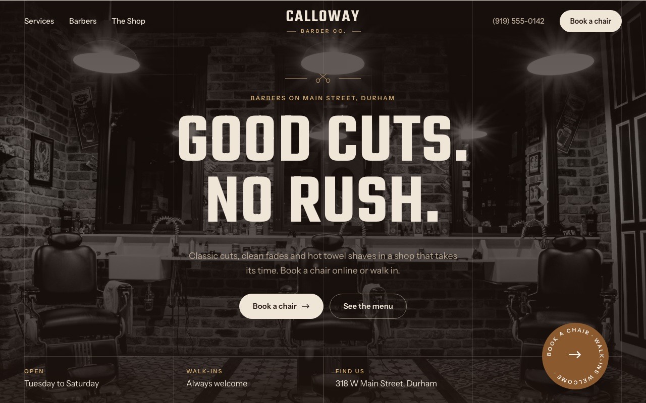 Calloway Barber Co. concept website homepage