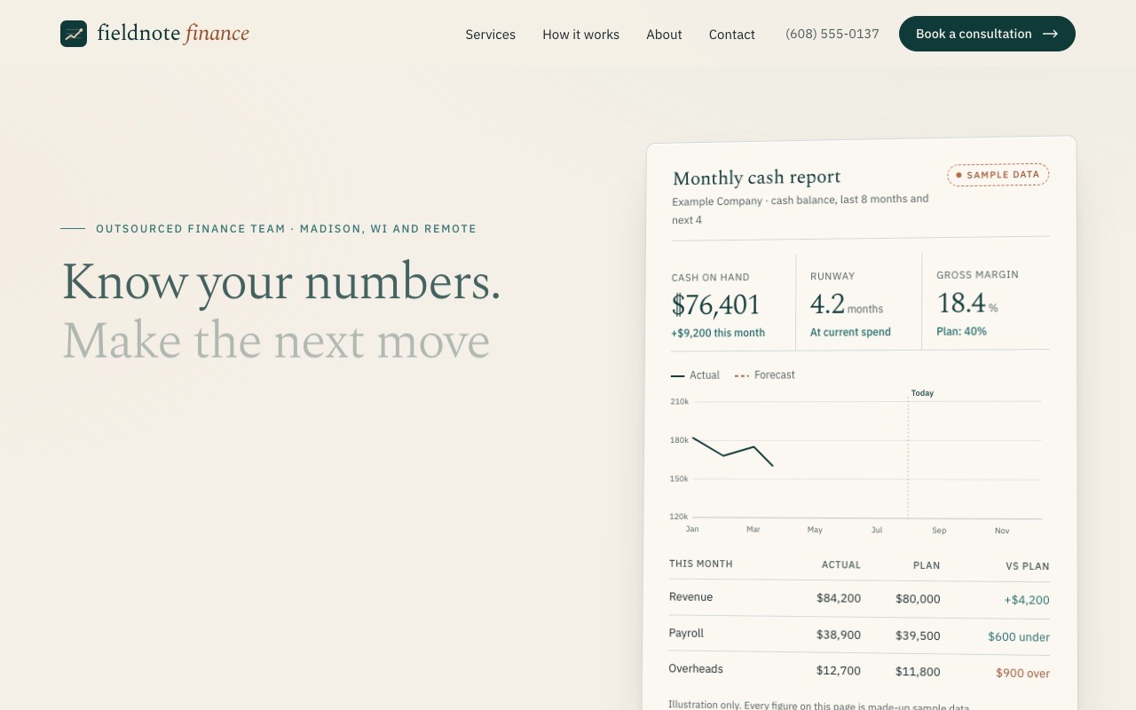 Fieldnote Finance concept website homepage