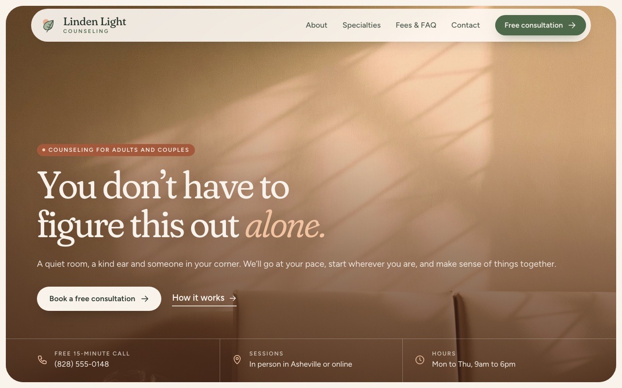 Linden Light Counseling concept website homepage