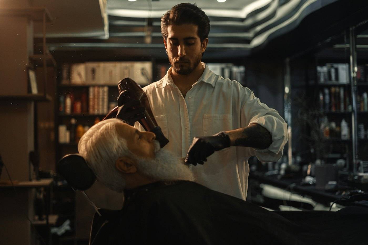 Barber standing beside an older client in the chair