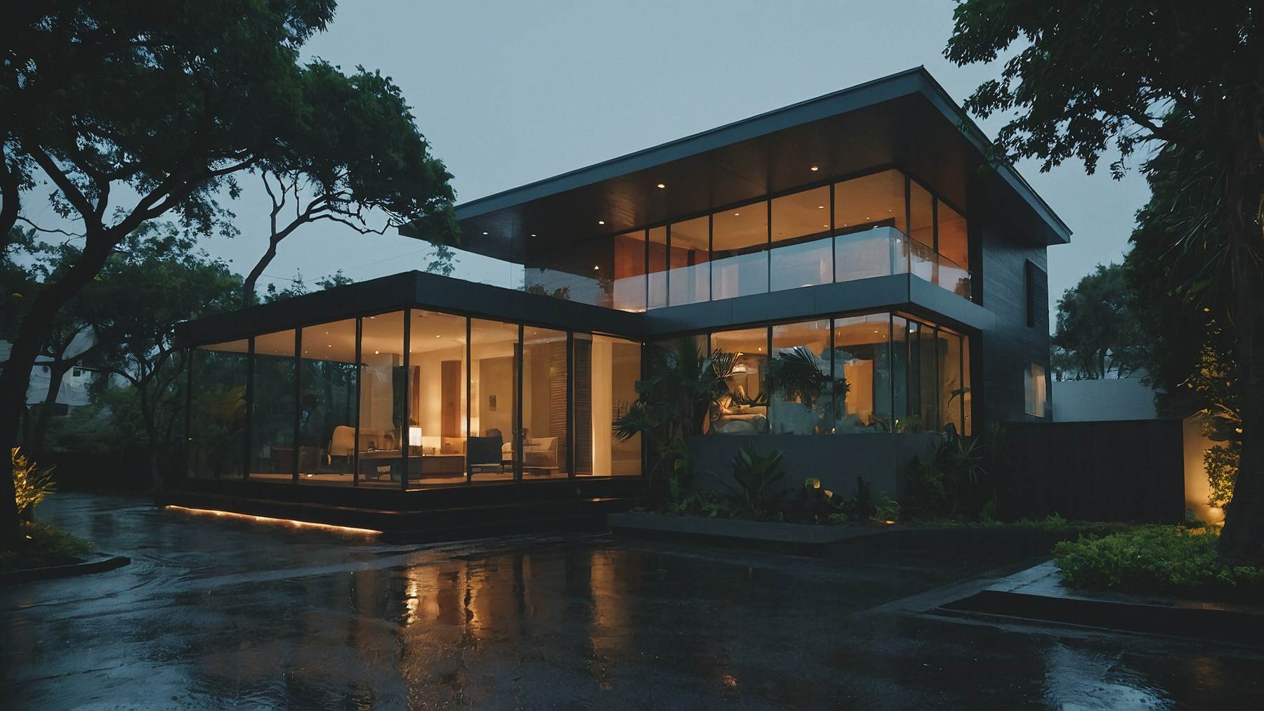 Glass-walled home among trees on a rainy evening