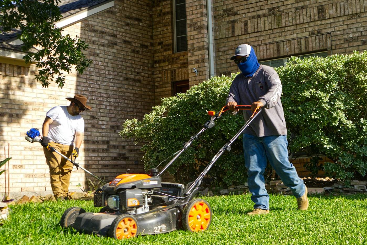 Two landscapers mowing and trimming the lawn in front of a brick house