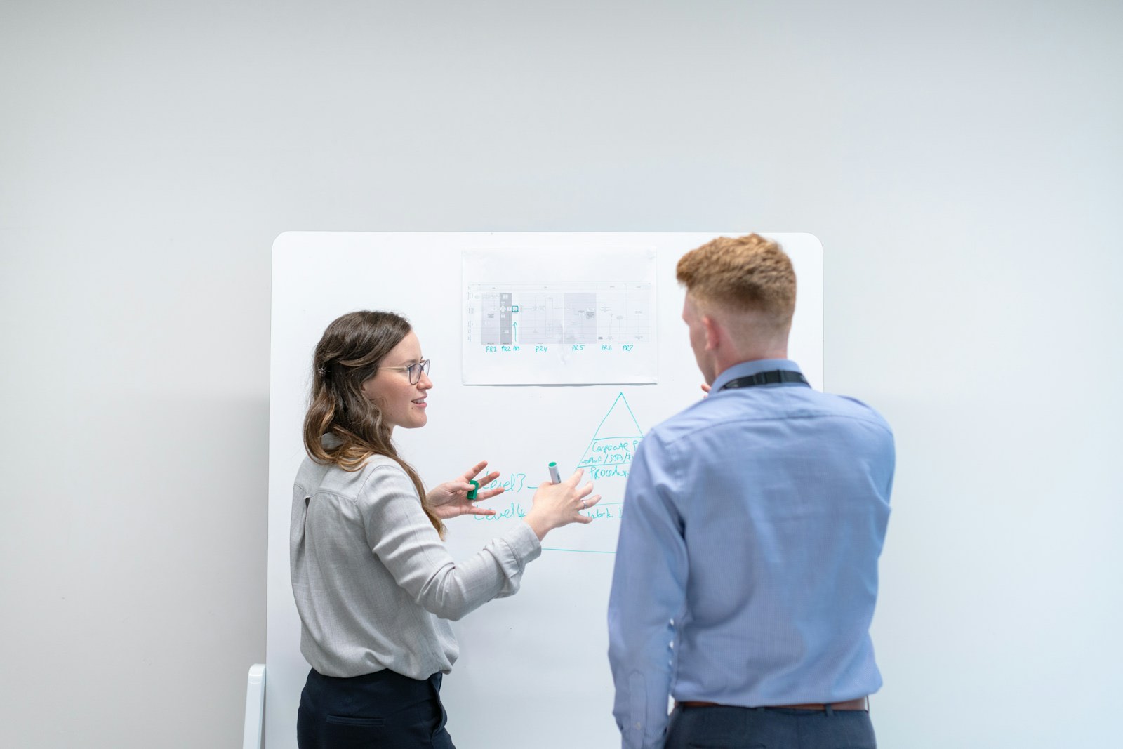 Two colleagues talking through ideas in front of a whiteboard