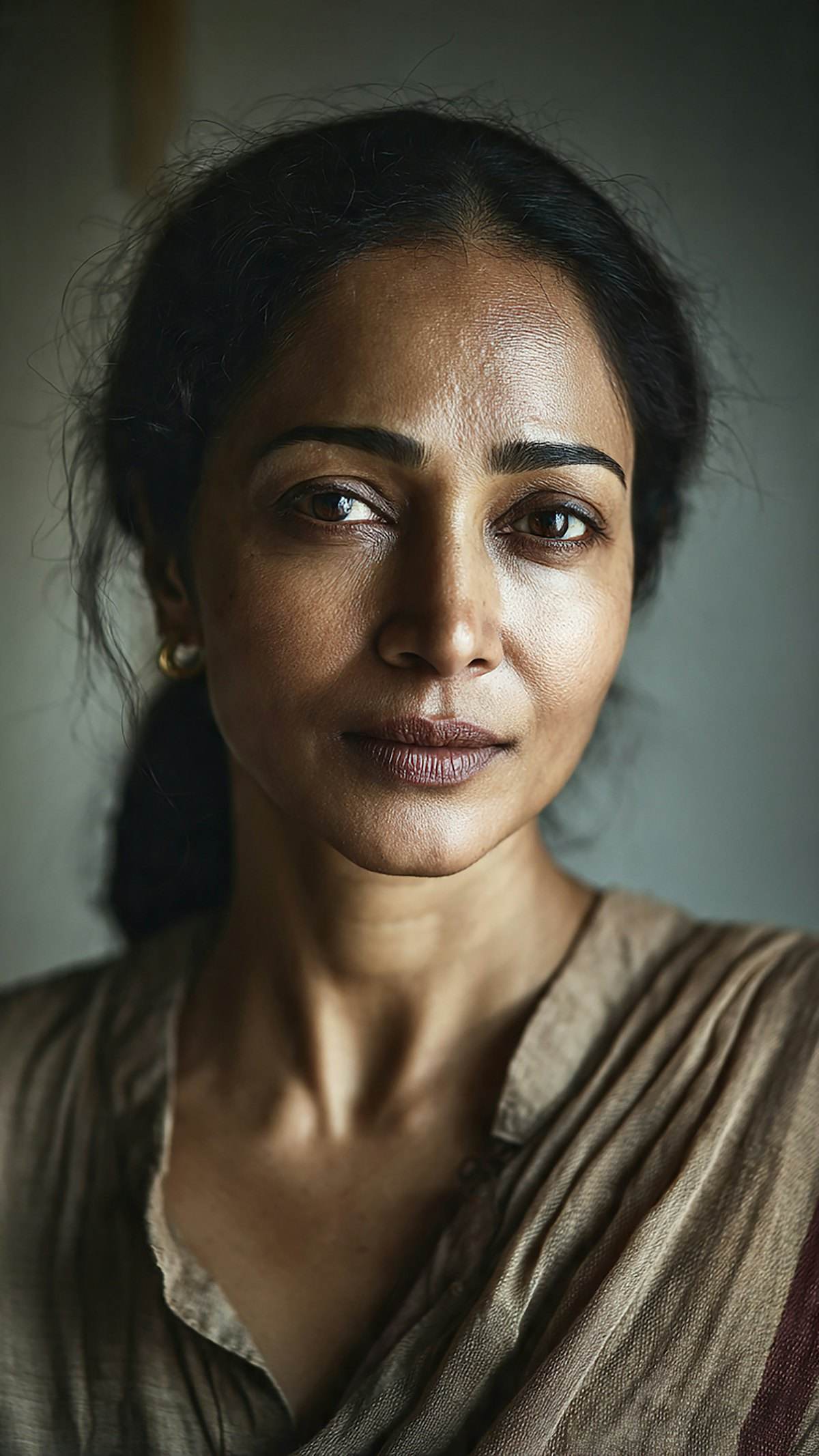 Portrait of a woman with dark hair and brown eyes in soft natural light