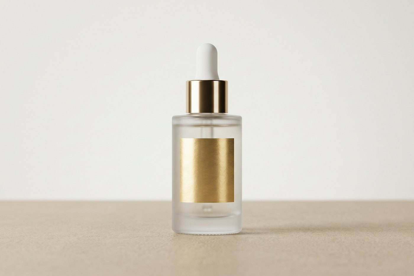 A clear glass dropper bottle with a gold cap on a stone plinth