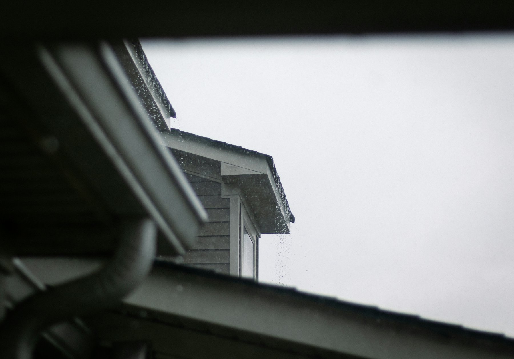 Roof edge and gutter against a grey sky